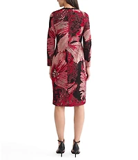 Ming Wang Floral Jacquard Knit Ruffle V-Neck Bracelet Sleeve Sheath Dress