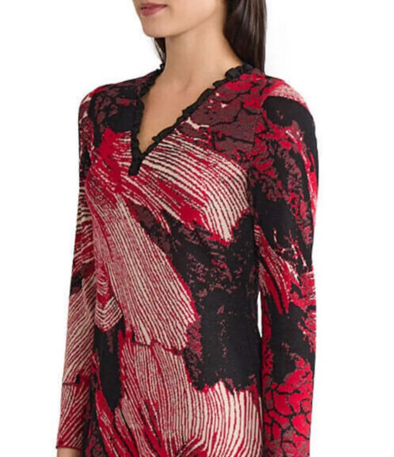 Ming Wang Floral Jacquard Knit Ruffle V-Neck Bracelet Sleeve Sheath Dress