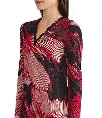 Ming Wang Floral Jacquard Knit Ruffle V-Neck Bracelet Sleeve Sheath Dress