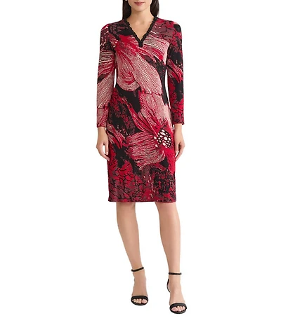 Ming Wang Floral Jacquard Knit Ruffle V-Neck Bracelet Sleeve Sheath Dress