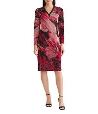 Ming Wang Floral Jacquard Knit Ruffle V-Neck Bracelet Sleeve Sheath Dress