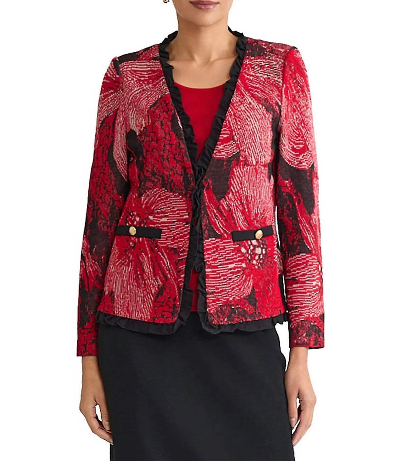Ming Wang Floral Jacquard Knit Ruffle V-Neck Long Sleeve Jacket