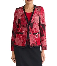 Ming Wang Floral Jacquard Knit Ruffle V-Neck Long Sleeve Jacket