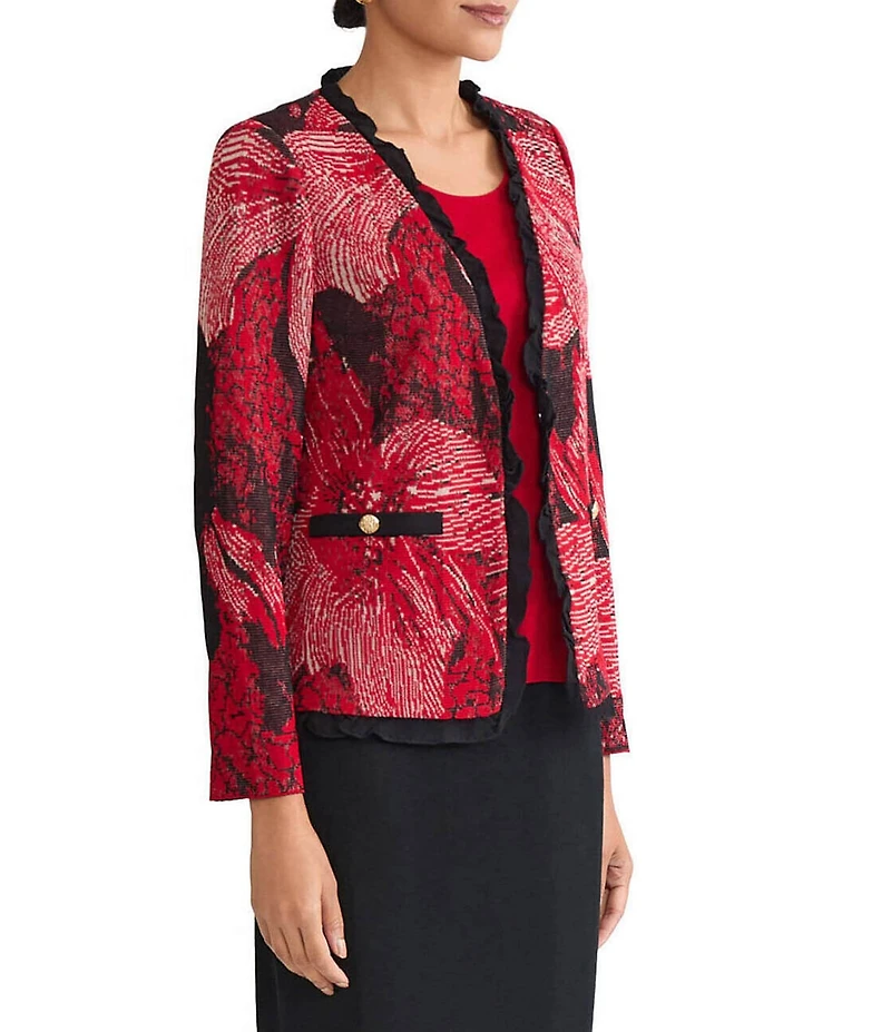 Ming Wang Floral Jacquard Knit Ruffle V-Neck Long Sleeve Jacket
