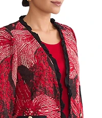 Ming Wang Floral Jacquard Knit Ruffle V-Neck Long Sleeve Jacket