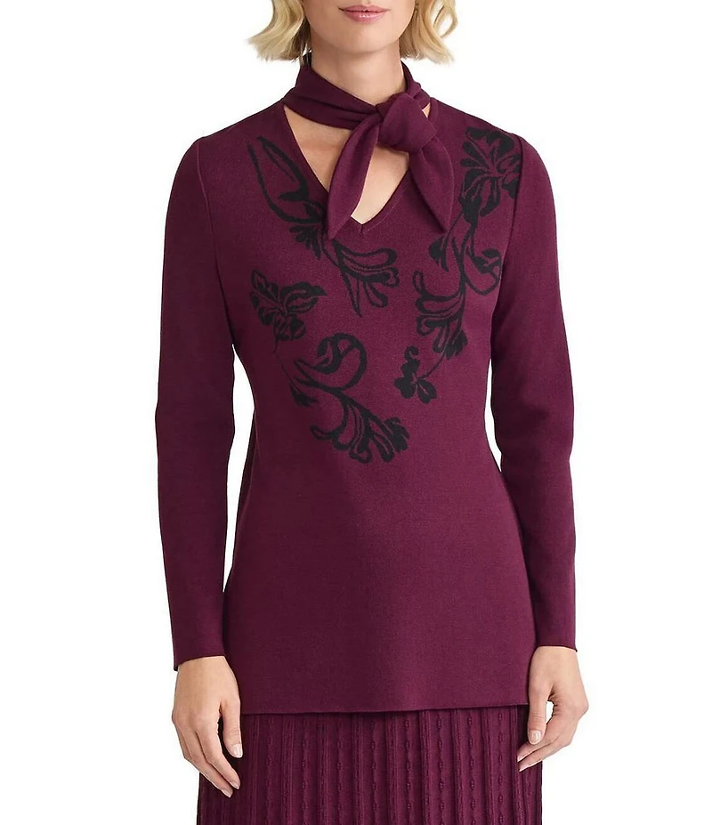 Ming Wang Floral Jacquard Knit Tie V-Neck Long Sleeve Tunic