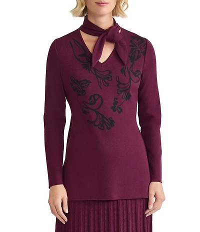 Ming Wang Floral Jacquard Knit Tie V-Neck Long Sleeve Tunic