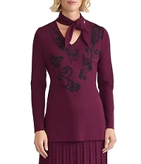 Ming Wang Floral Jacquard Knit Tie V-Neck Long Sleeve Tunic