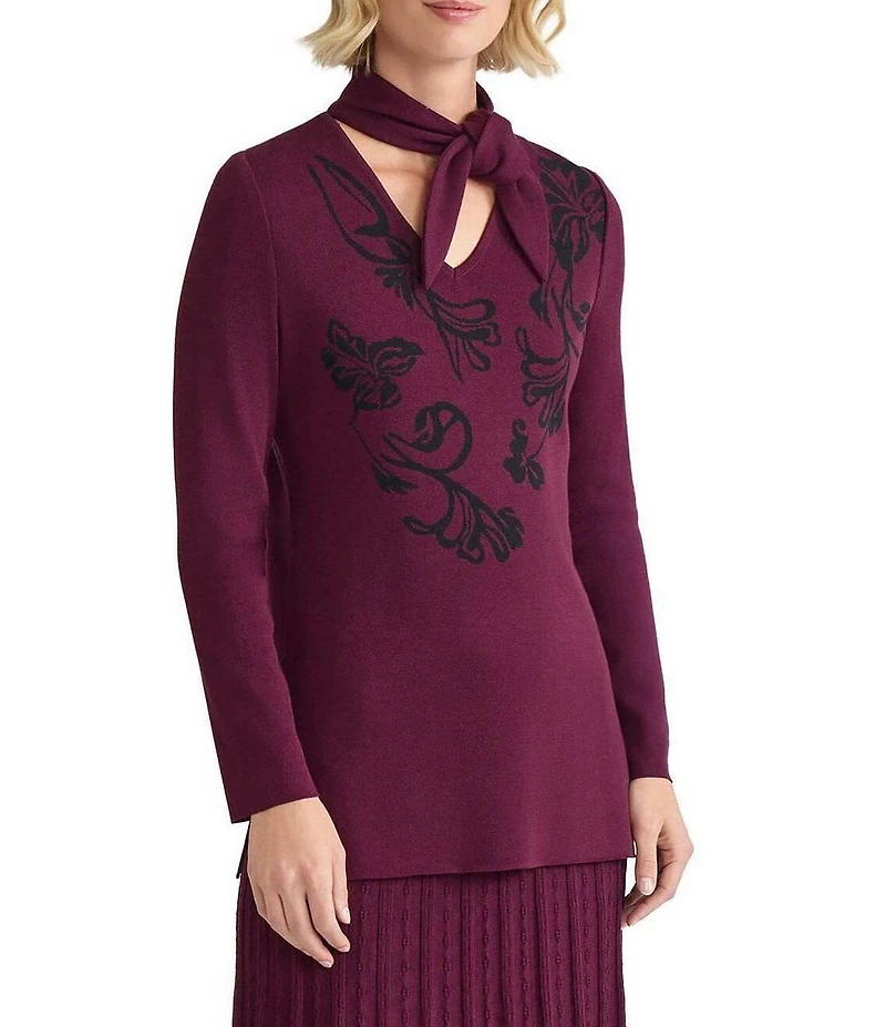 Ming Wang Floral Jacquard Knit Tie V-Neck Long Sleeve Tunic