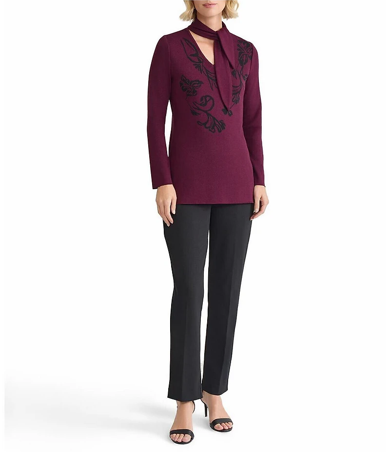 Ming Wang Floral Jacquard Knit Tie V-Neck Long Sleeve Tunic