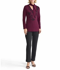 Ming Wang Floral Jacquard Knit Tie V-Neck Long Sleeve Tunic