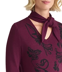 Ming Wang Floral Jacquard Knit Tie V-Neck Long Sleeve Tunic