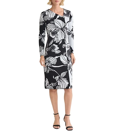 Ming Wang Floral Jacquard Soft Knit Asymmetrical Long Sleeve Midi Dress