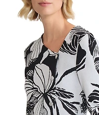 Ming Wang Floral Jacquard Soft Knit Asymmetrical Long Sleeve Midi Dress