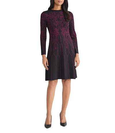 Ming Wang Floral Jacquard Soft Knit Crew Neck Long Sleeve Dress