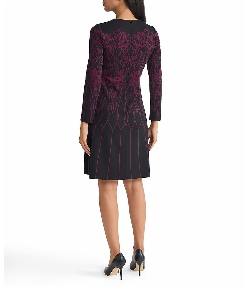 Ming Wang Floral Jacquard Soft Knit Crew Neck Long Sleeve Dress