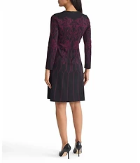 Ming Wang Floral Jacquard Soft Knit Crew Neck Long Sleeve Dress