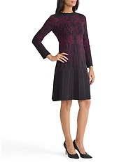 Ming Wang Floral Jacquard Soft Knit Crew Neck Long Sleeve Dress