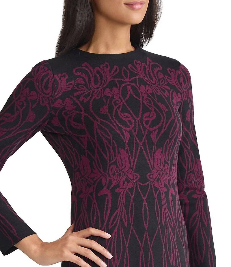 Ming Wang Floral Jacquard Soft Knit Crew Neck Long Sleeve Dress