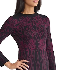 Ming Wang Floral Jacquard Soft Knit Crew Neck Long Sleeve Dress