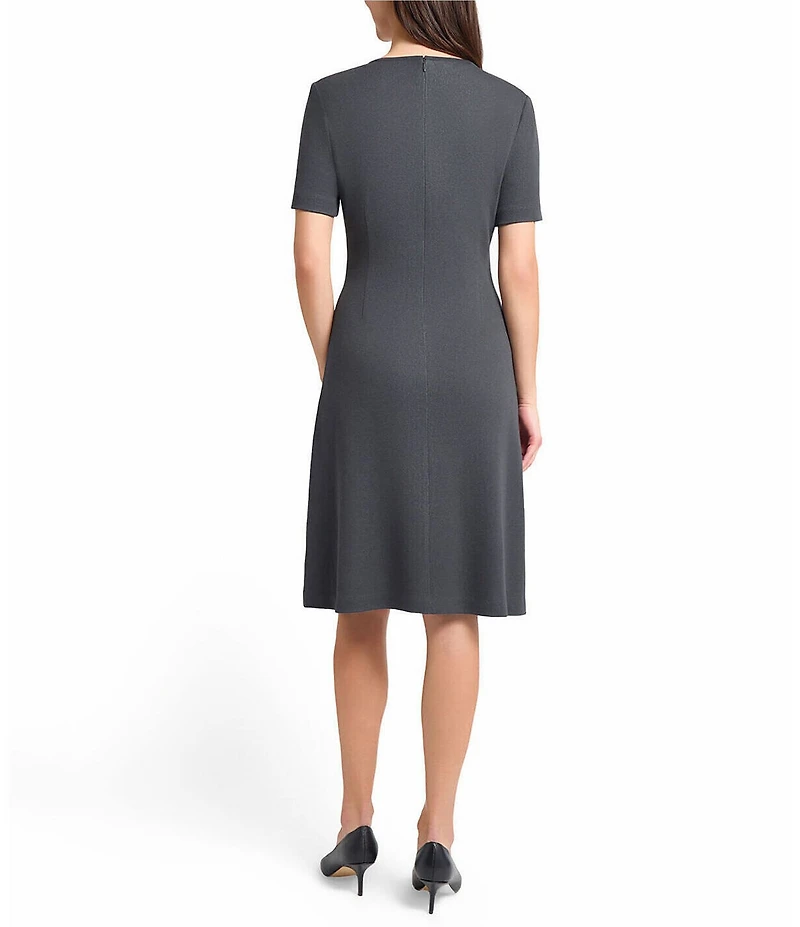 Ming Wang Floral Jacquard Soft Knit Round Neck Short Sleeve A-Line Dress