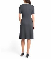 Ming Wang Floral Jacquard Soft Knit Round Neck Short Sleeve A-Line Dress