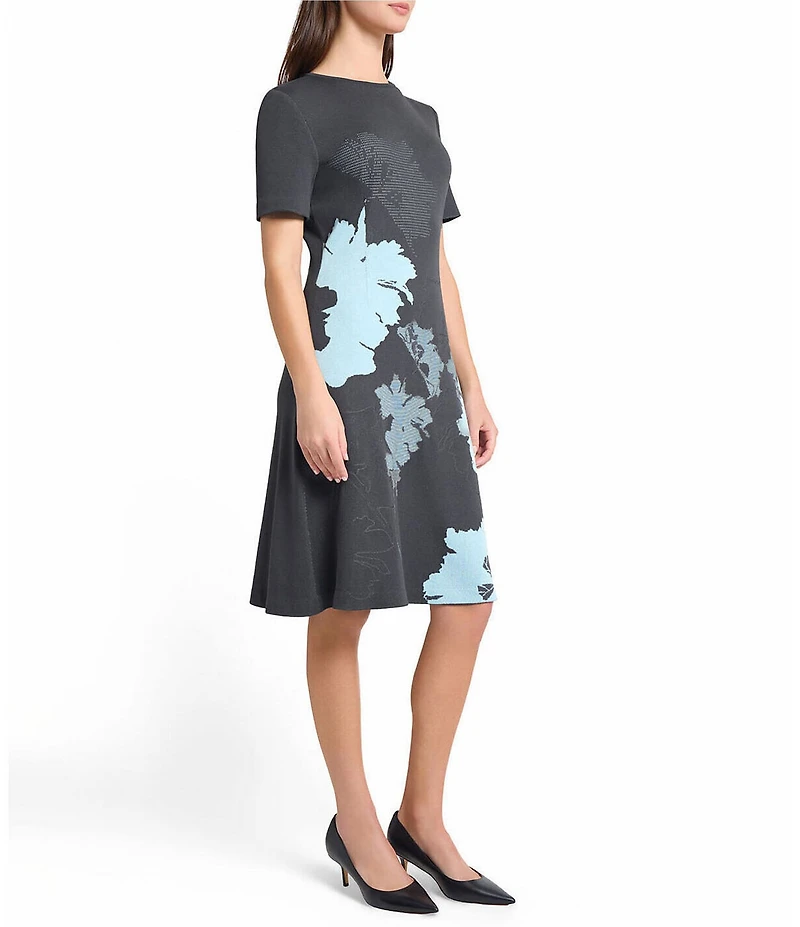 Ming Wang Floral Jacquard Soft Knit Round Neck Short Sleeve A-Line Dress