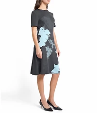 Ming Wang Floral Jacquard Soft Knit Round Neck Short Sleeve A-Line Dress