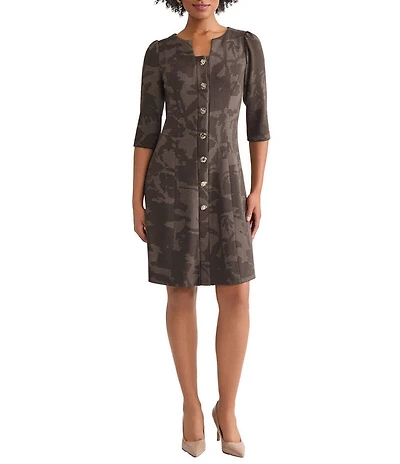 Ming Wang Floral Jacquard Soft Knit Split Crew Neck Elbow Sleeve Dress