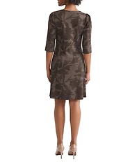 Ming Wang Floral Jacquard Soft Knit Split Crew Neck Elbow Sleeve Dress