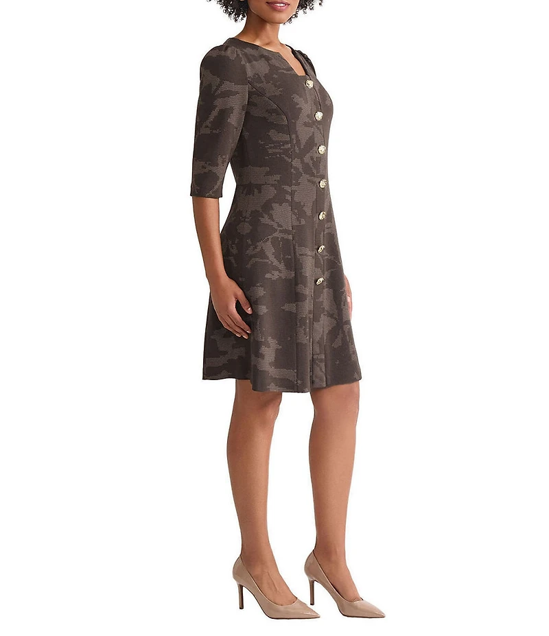 Ming Wang Floral Jacquard Soft Knit Split Crew Neck Elbow Sleeve Dress