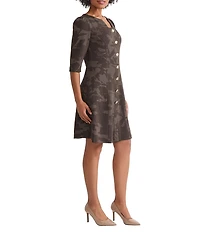 Ming Wang Floral Jacquard Soft Knit Split Crew Neck Elbow Sleeve Dress