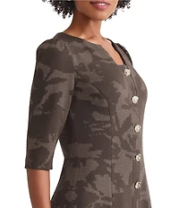 Ming Wang Floral Jacquard Soft Knit Split Crew Neck Elbow Sleeve Dress