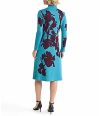 Ming Wang Floral Jacquard Soft Knit Turtleneck Long Sleeve A-Line Midi Dress