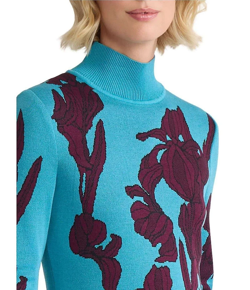 Ming Wang Floral Jacquard Soft Knit Turtleneck Long Sleeve A-Line Midi Dress