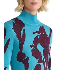 Ming Wang Floral Jacquard Soft Knit Turtleneck Long Sleeve A-Line Midi Dress