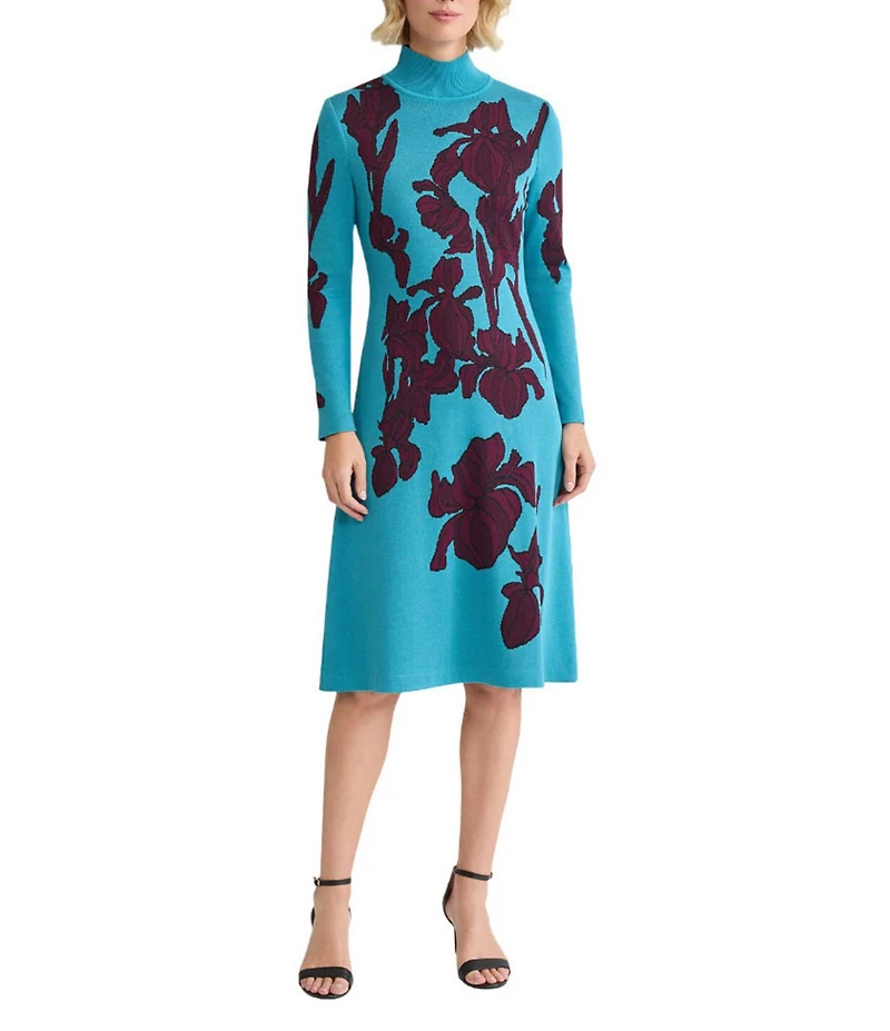 Ming Wang Floral Jacquard Soft Knit Turtleneck Long Sleeve A-Line Midi Dress