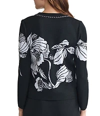 Ming Wang Floral Jacquard V-Neck Long Sleeve Chain Trim Cardigan
