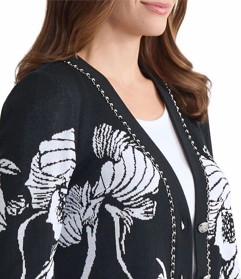 Ming Wang Floral Jacquard V-Neck Long Sleeve Chain Trim Cardigan