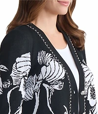 Ming Wang Floral Jacquard V-Neck Long Sleeve Chain Trim Cardigan