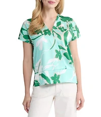 Ming Wang Floral Print Crepe De Chine V-Neck Short Sleeve Top