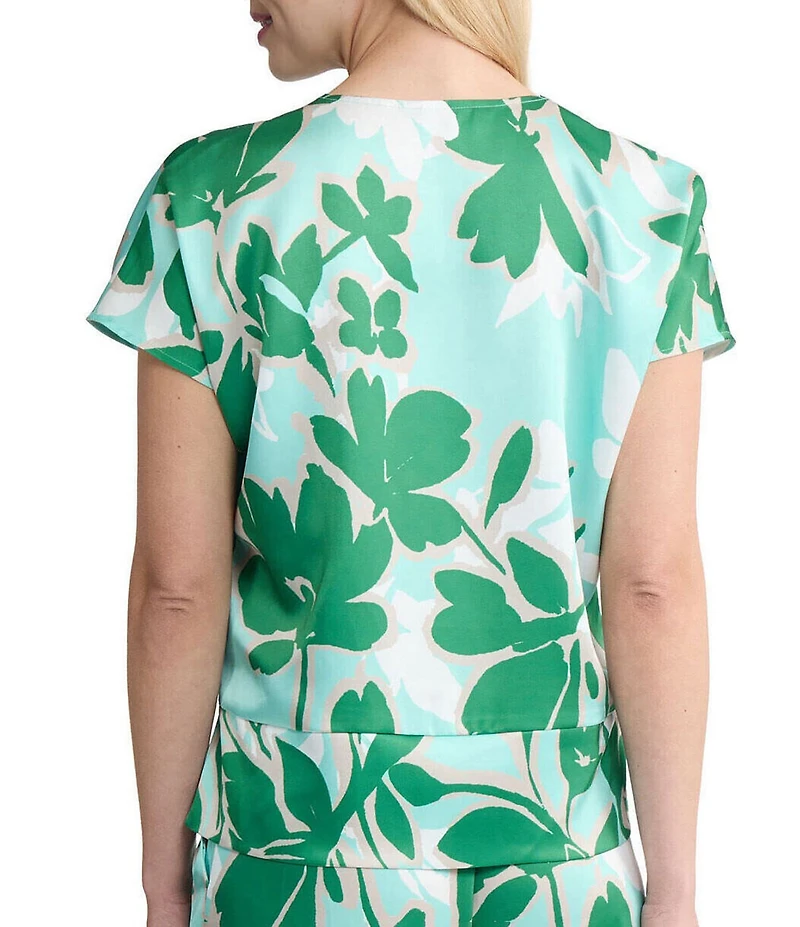 Ming Wang Floral Print Crepe De Chine V-Neck Short Sleeve Top