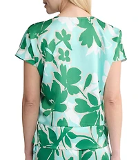 Ming Wang Floral Print Crepe De Chine V-Neck Short Sleeve Top