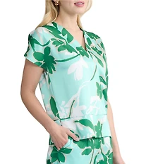 Ming Wang Floral Print Crepe De Chine V-Neck Short Sleeve Top