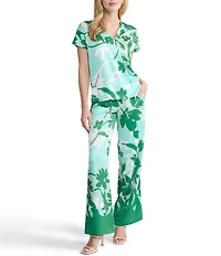 Ming Wang Floral Print Crepe De Chine V-Neck Short Sleeve Top