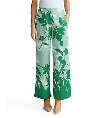 Ming Wang Floral Print Crepe De Chine Wide Leg Pants