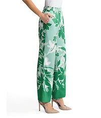 Ming Wang Floral Print Crepe De Chine Wide Leg Pants