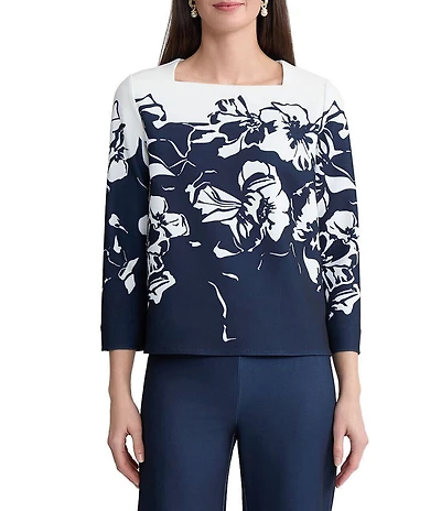 Ming Wang Floral Print Deco Crepe Square Neck Bracelet Sleeve Blouse