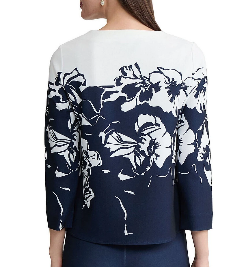 Ming Wang Floral Print Deco Crepe Square Neck Bracelet Sleeve Blouse