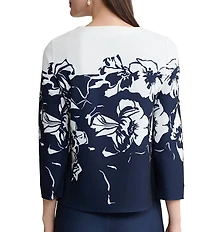 Ming Wang Floral Print Deco Crepe Square Neck Bracelet Sleeve Blouse